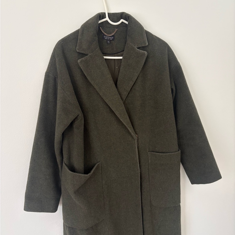 Topshop Khaki Green Longline Brushed Wool Blend Chuck On Coat Patch Pockets 6 - Picture 6 of 13